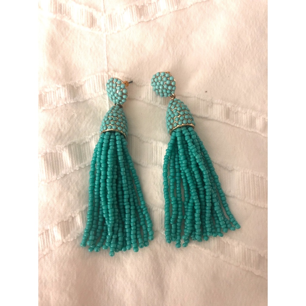 BaubleBar teal beaded tassel earrings
